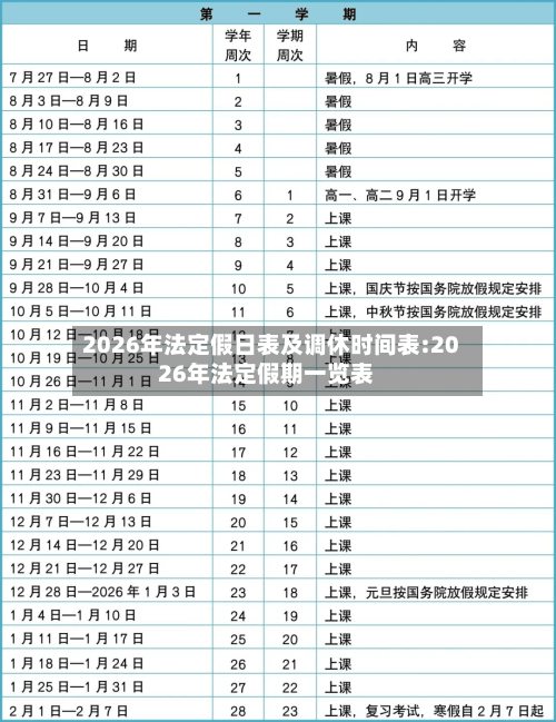 2026年法定假日表及调休时间表:2026年法定假期一览表-第1张图片